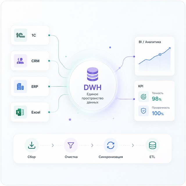 Единое пространство данных: интеграция 1С, CRM, ERP, Excel в DWH с BI-аналитикой и KPI